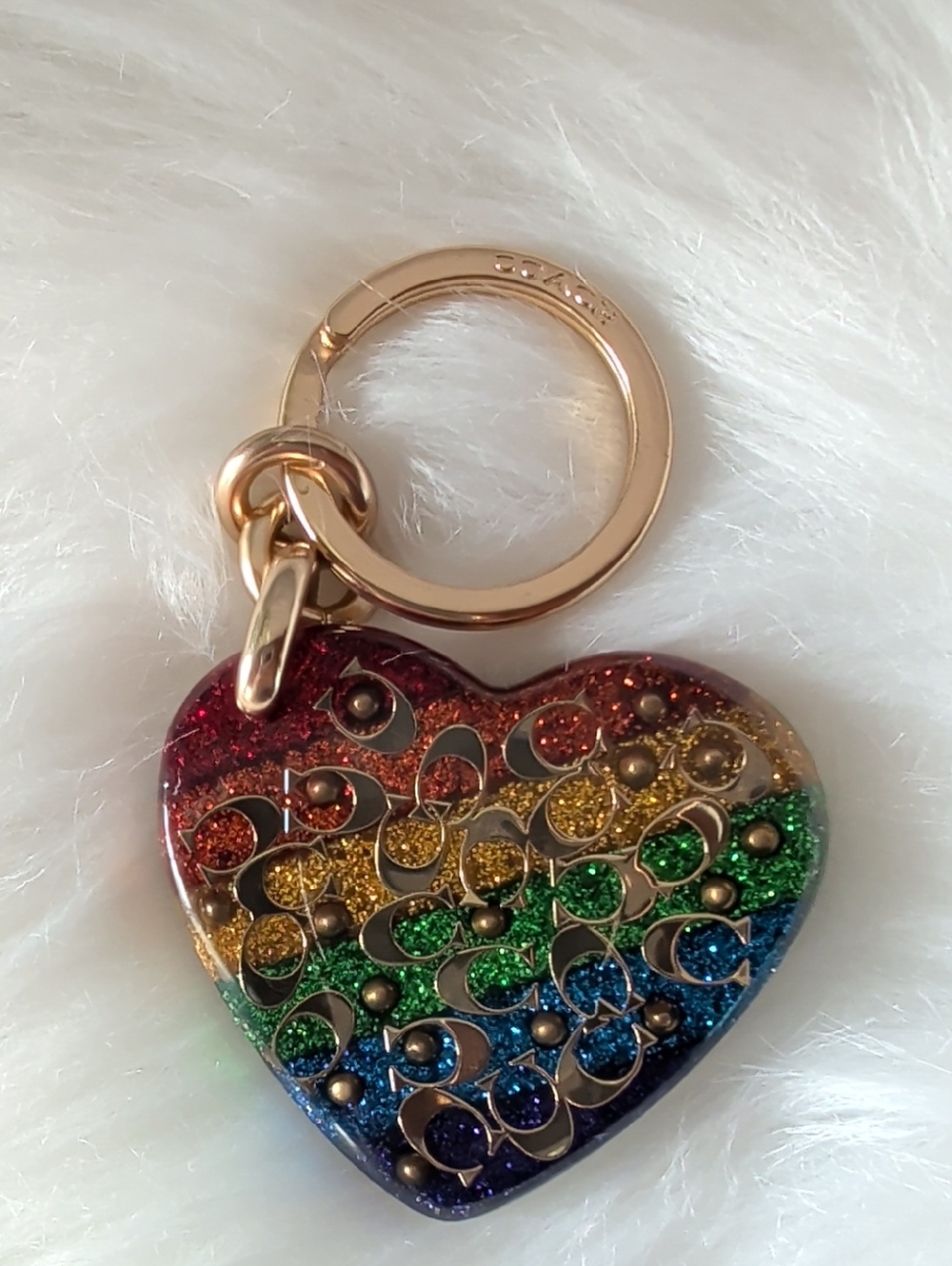 Authentic Coach Multicolor Glitter Heart Key Ring with Gold-Tone Hardware